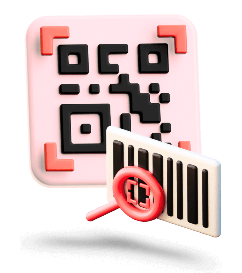 Two 3D graphics with red backgrounds and black foregrounds  of a QR Code and Code 128 Barcode.